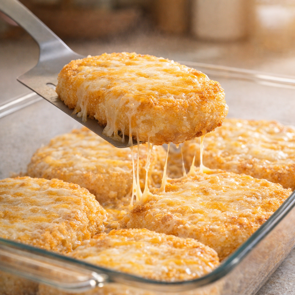 Serving a hot cheesy hash brown patty from the baking dish
