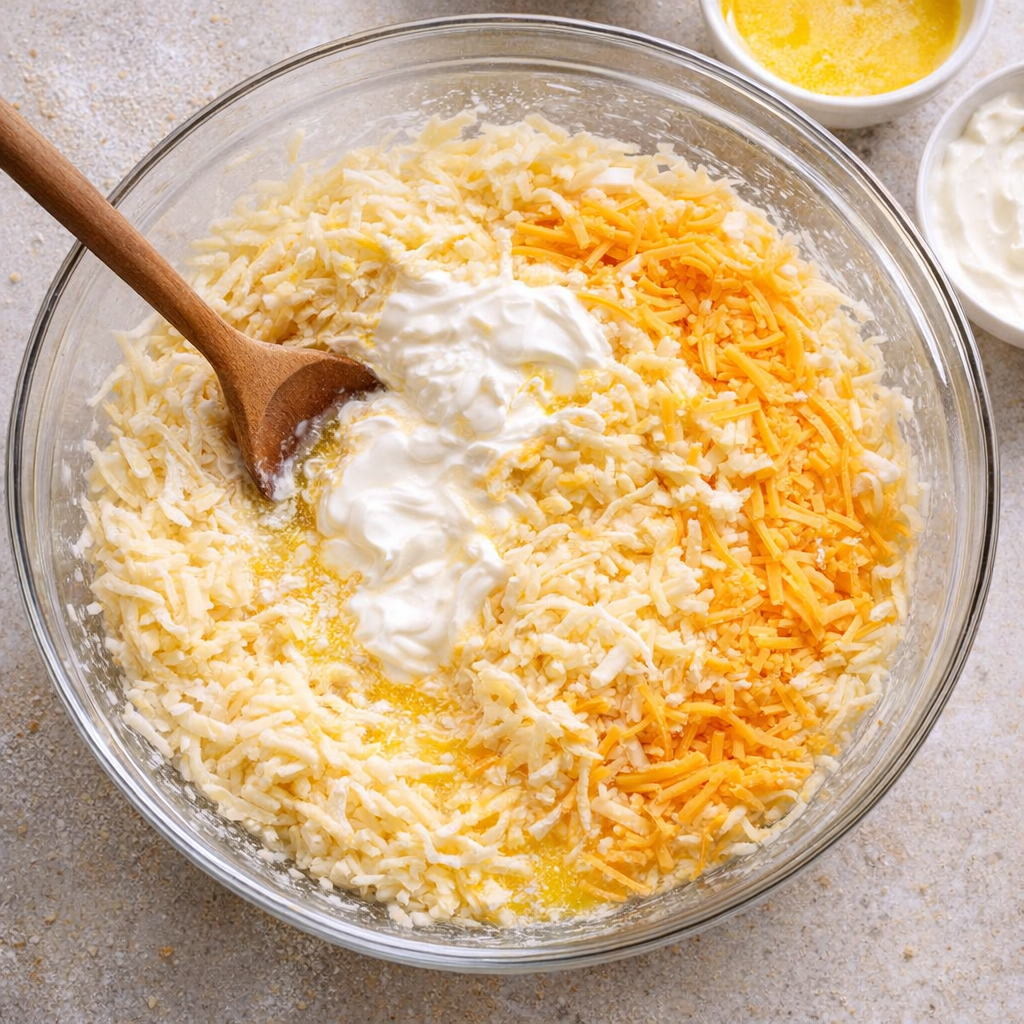 Hash browns mixed with sour cream and cheddar in a bowl