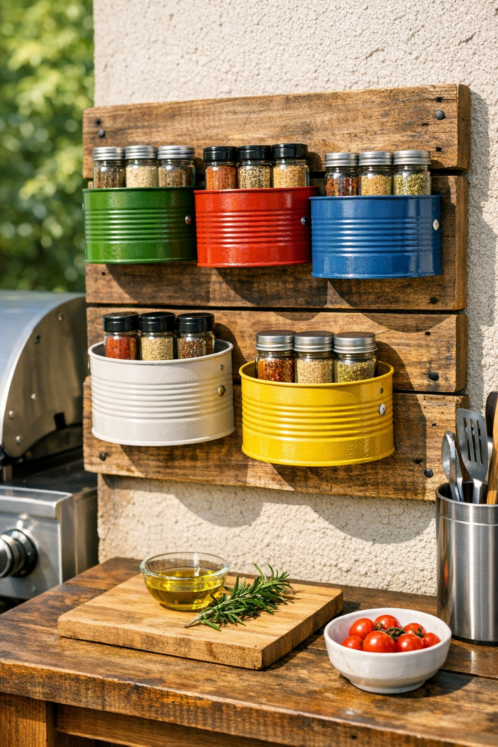 Finished outdoor spice rack made from painted tin cans on reclaimed pallet wood
