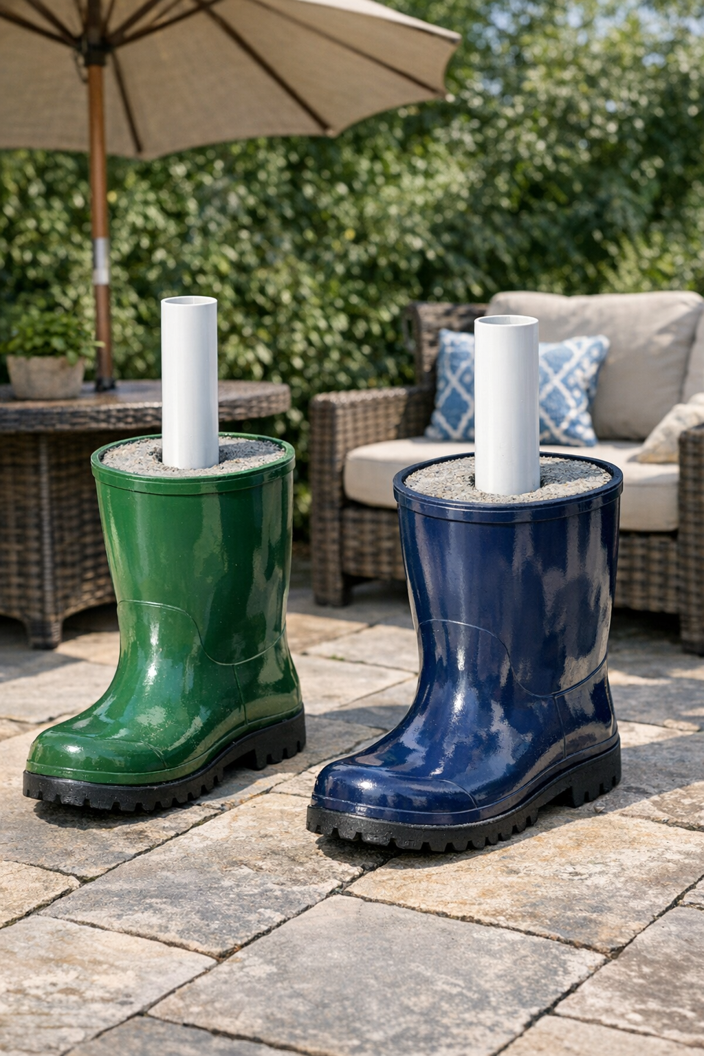 Finished outdoor umbrella anchors made from rubber rain boots and cement