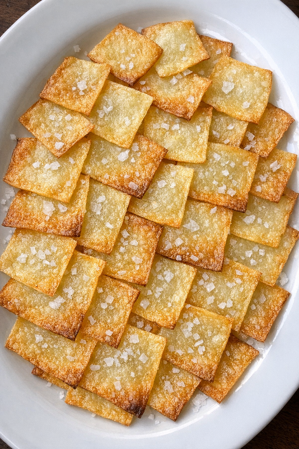Crispy golden potato tile chips on a white oval platter