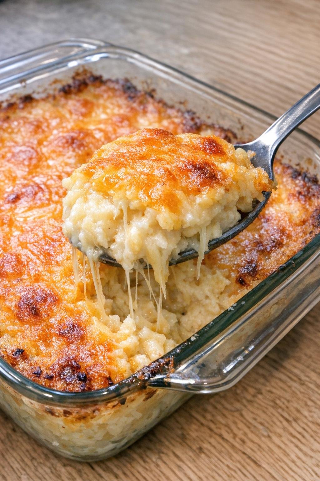 Creamy cheesy funeral potatoes in a glass baking dish