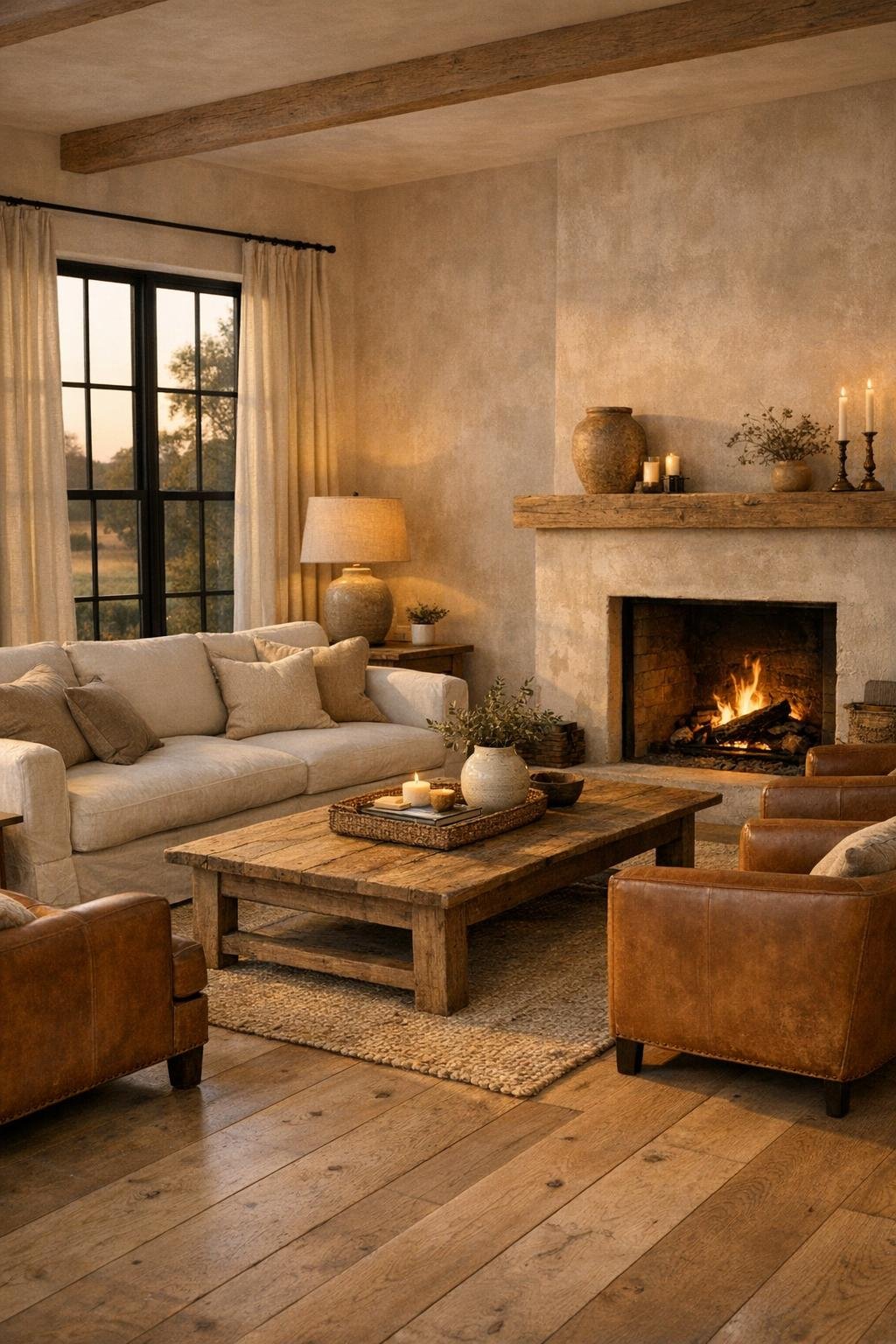 Warm farmhouse living room with pale oak floors, slipcovered seating, and a limewashed fireplace