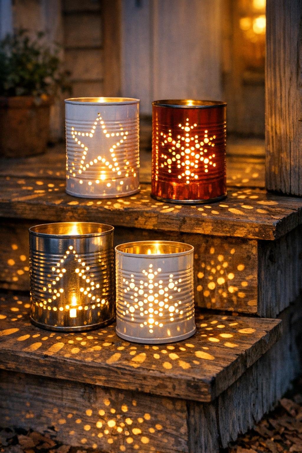Finished punched-tin soup can luminaries glowing on porch steps at dusk