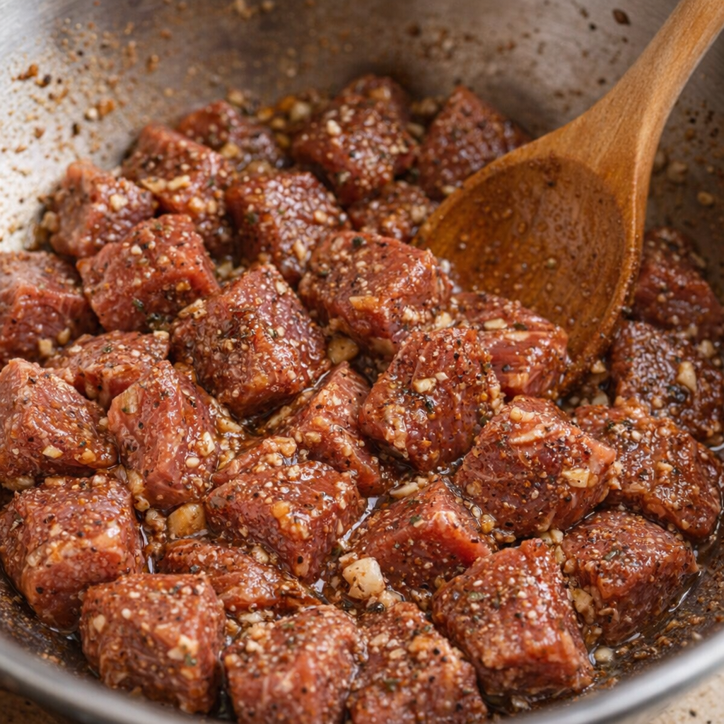Seasoned steak cubes in a mixing bowl with garlic and spices