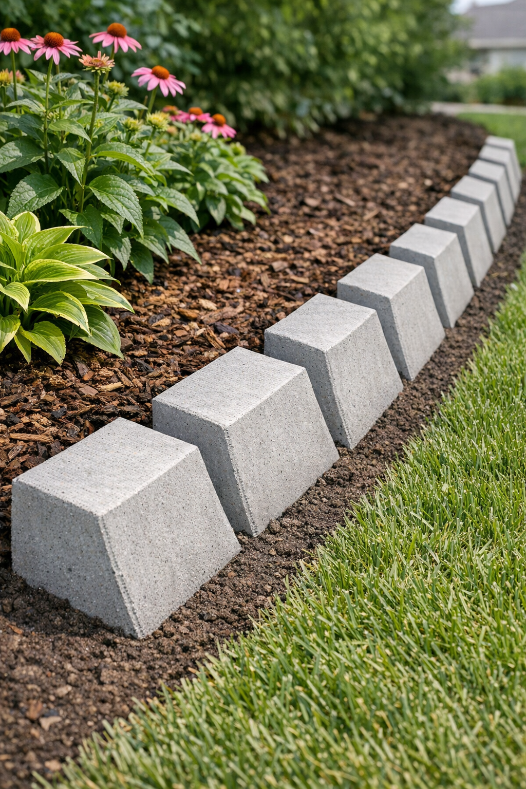 Finished angled concrete garden edging installed along a flower bed