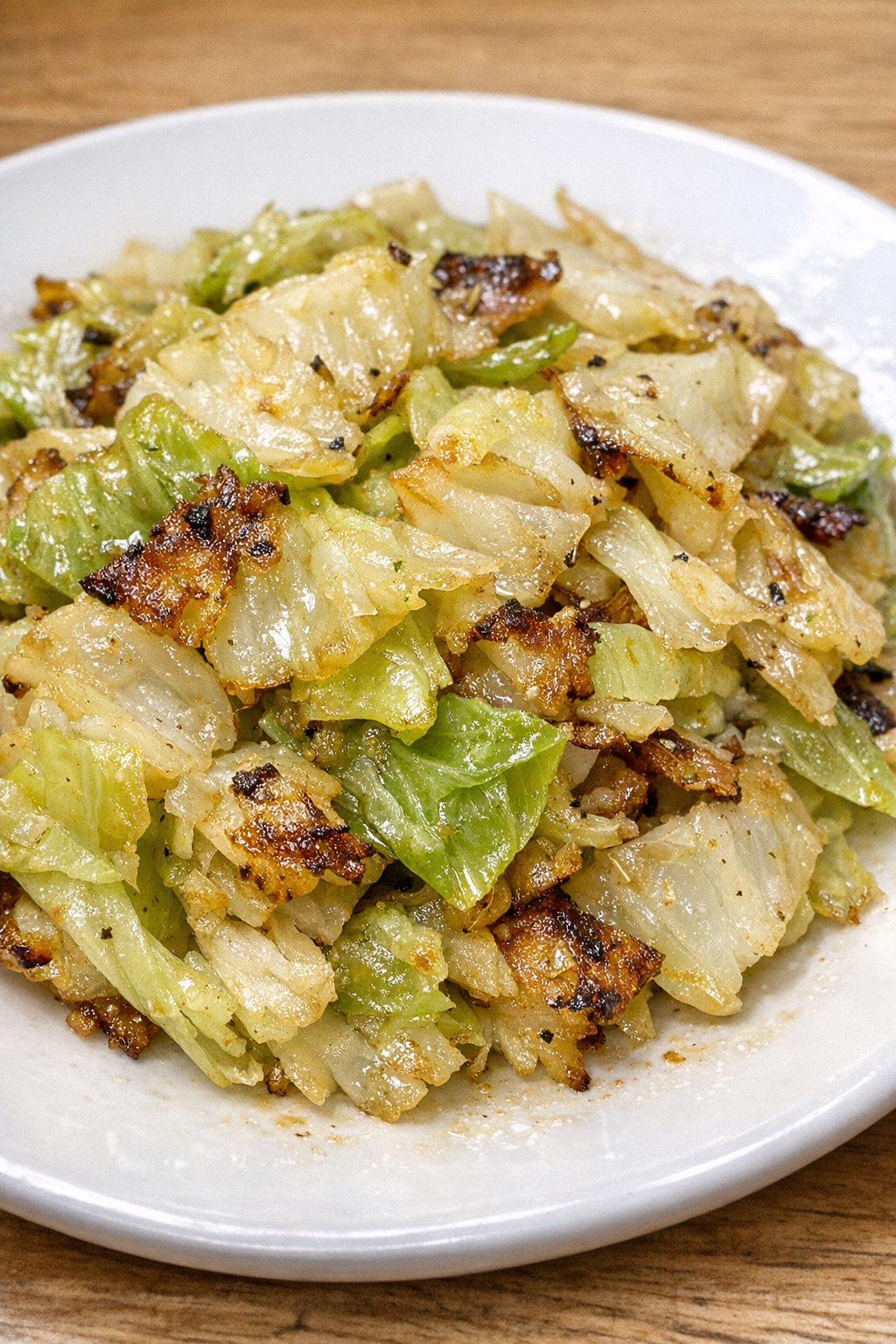 Finished skillet cabbage on a white plate