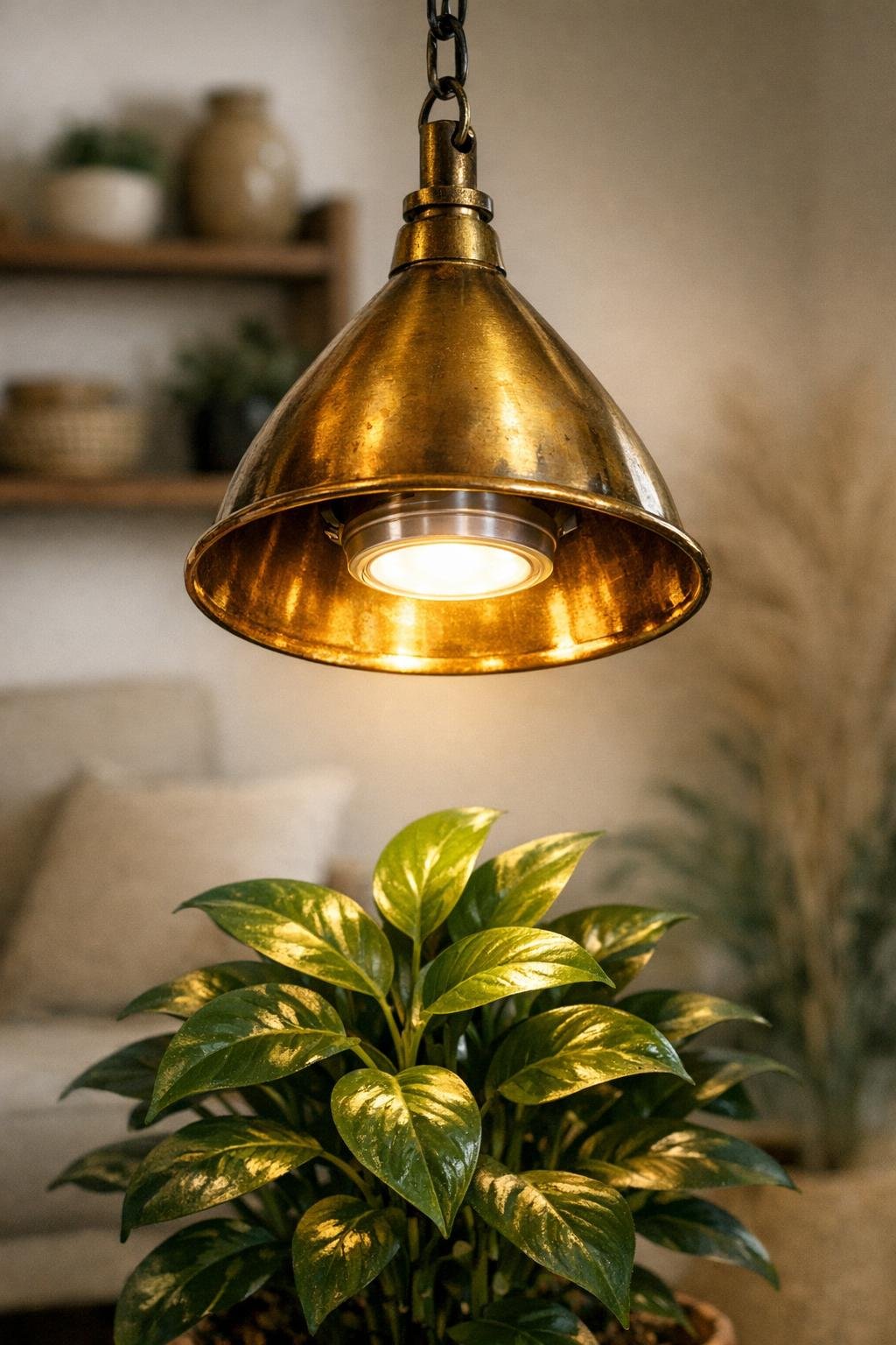 Finished brass funnel plant light hanging in a living room