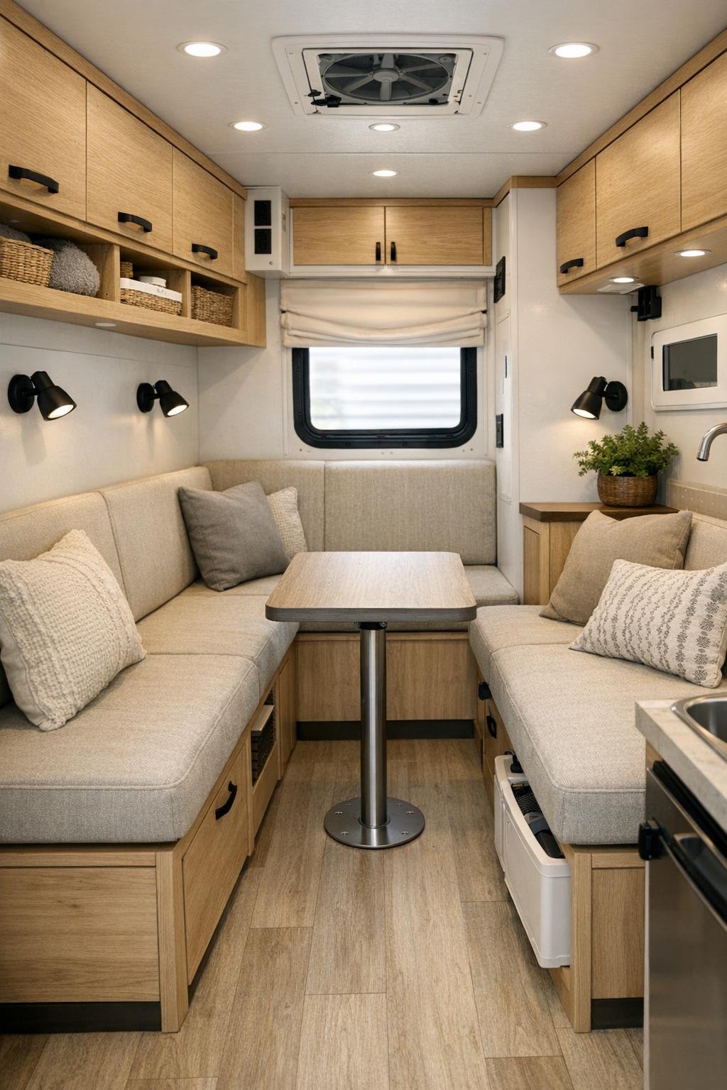 Compact camper living area with built-in seating and light wood cabinetry