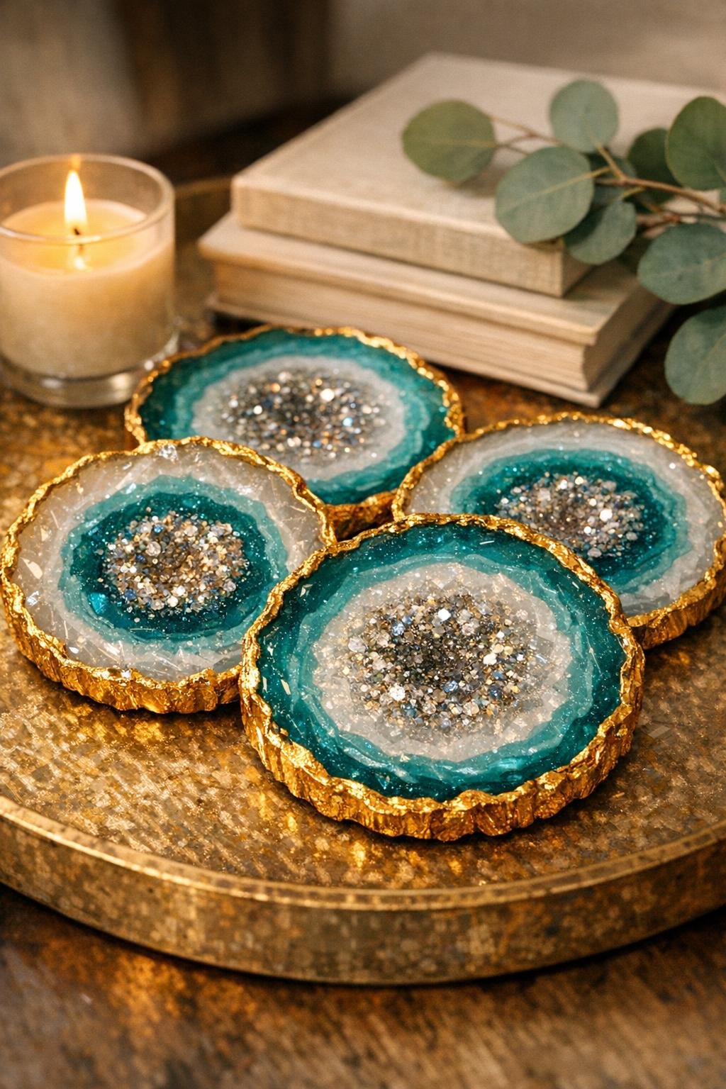 Finished faux geode slices displayed on a styled coffee table tray