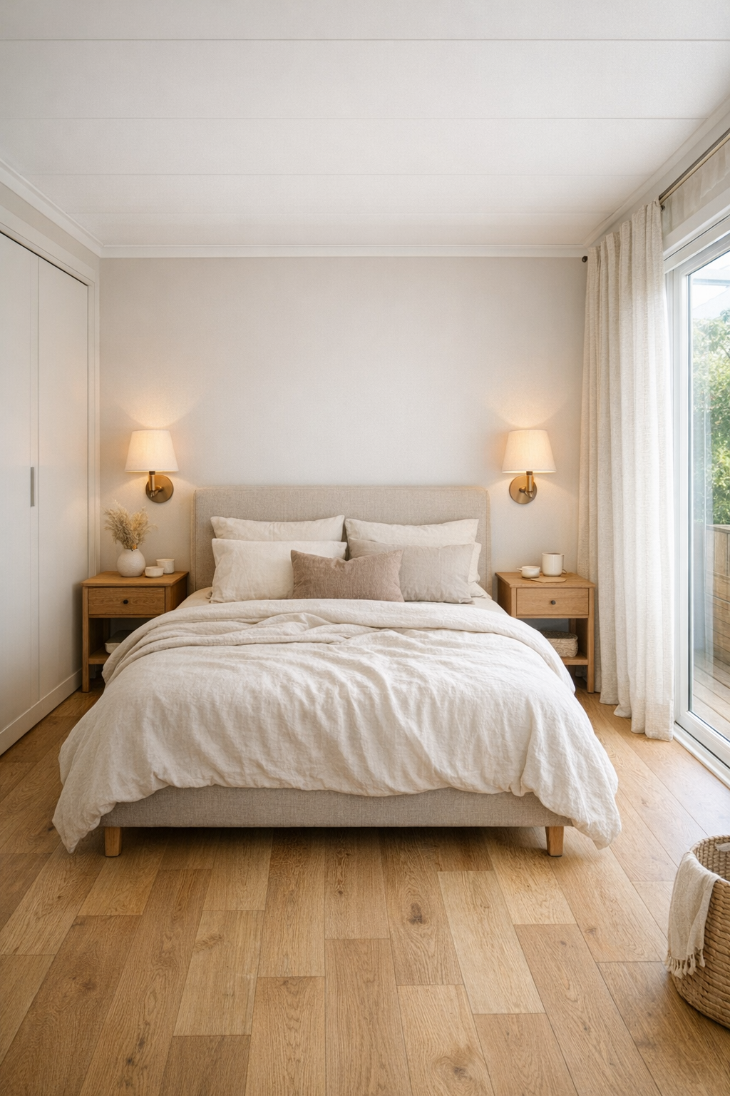 Serene bedroom with layered neutrals, upholstered bed, and soft filtered light