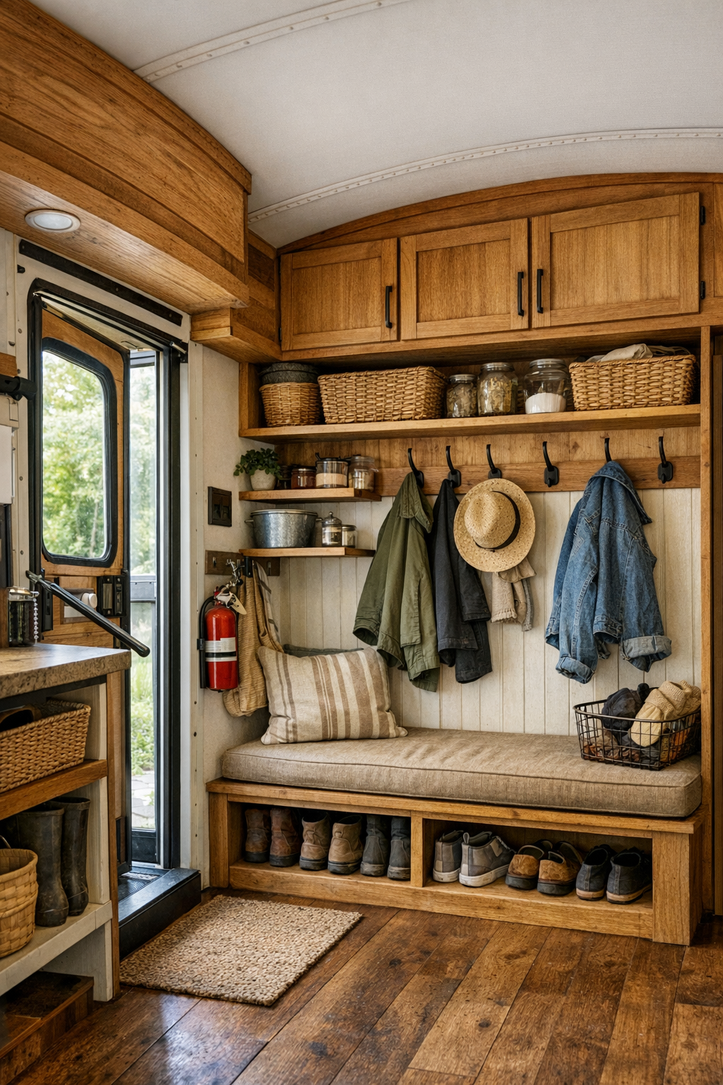 Smart utility and entry area in a converted bus with mudroom bench, hooks, and built-in storage