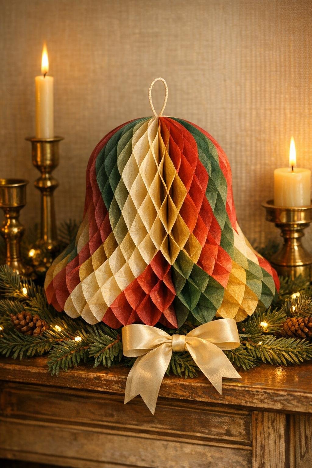 Finished honeycomb bell made from folded gift tissue paper displayed on a holiday mantel