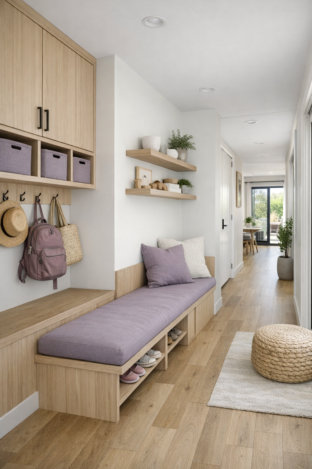 Thoughtful secondary space with built-in storage, bench seating, and soft modern finishes