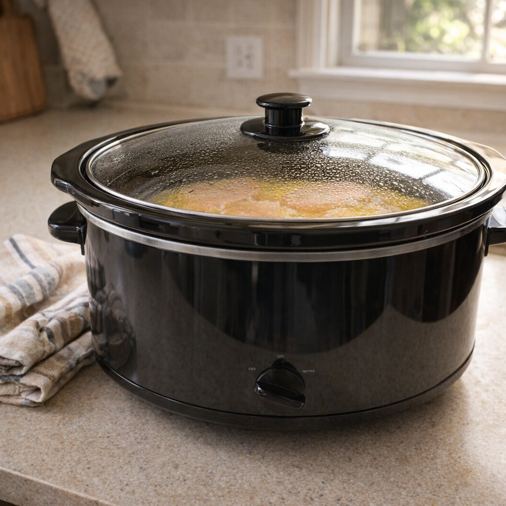 Slow cooker covered and ready to cook