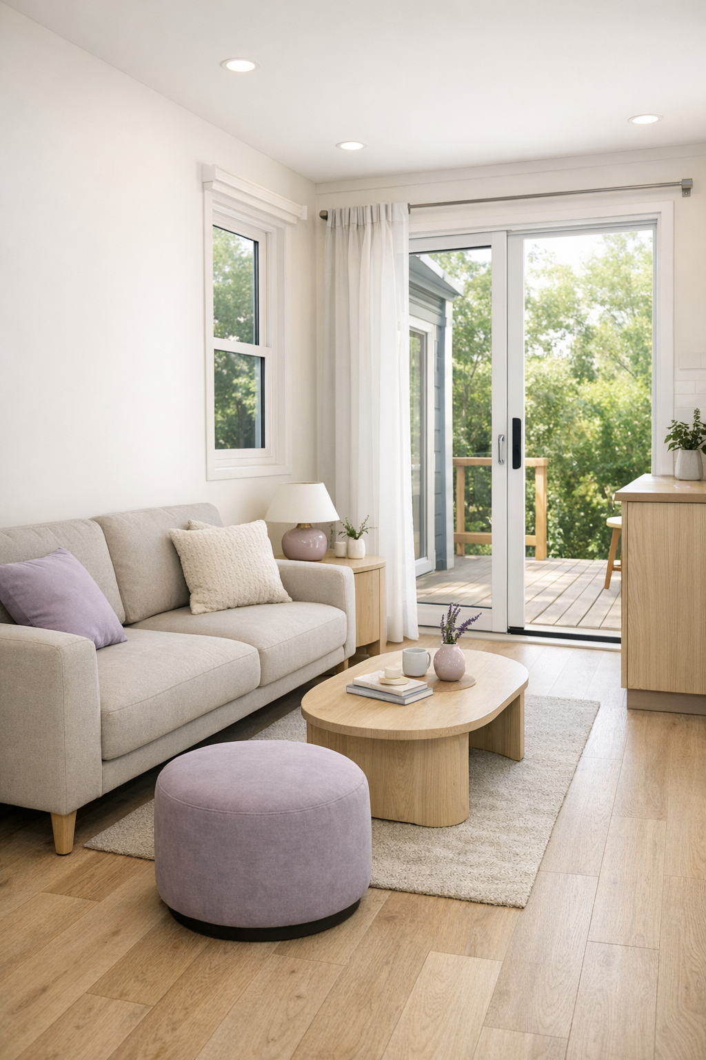 Soft lavender tiny home living room with pale oak floors and accessible open layout