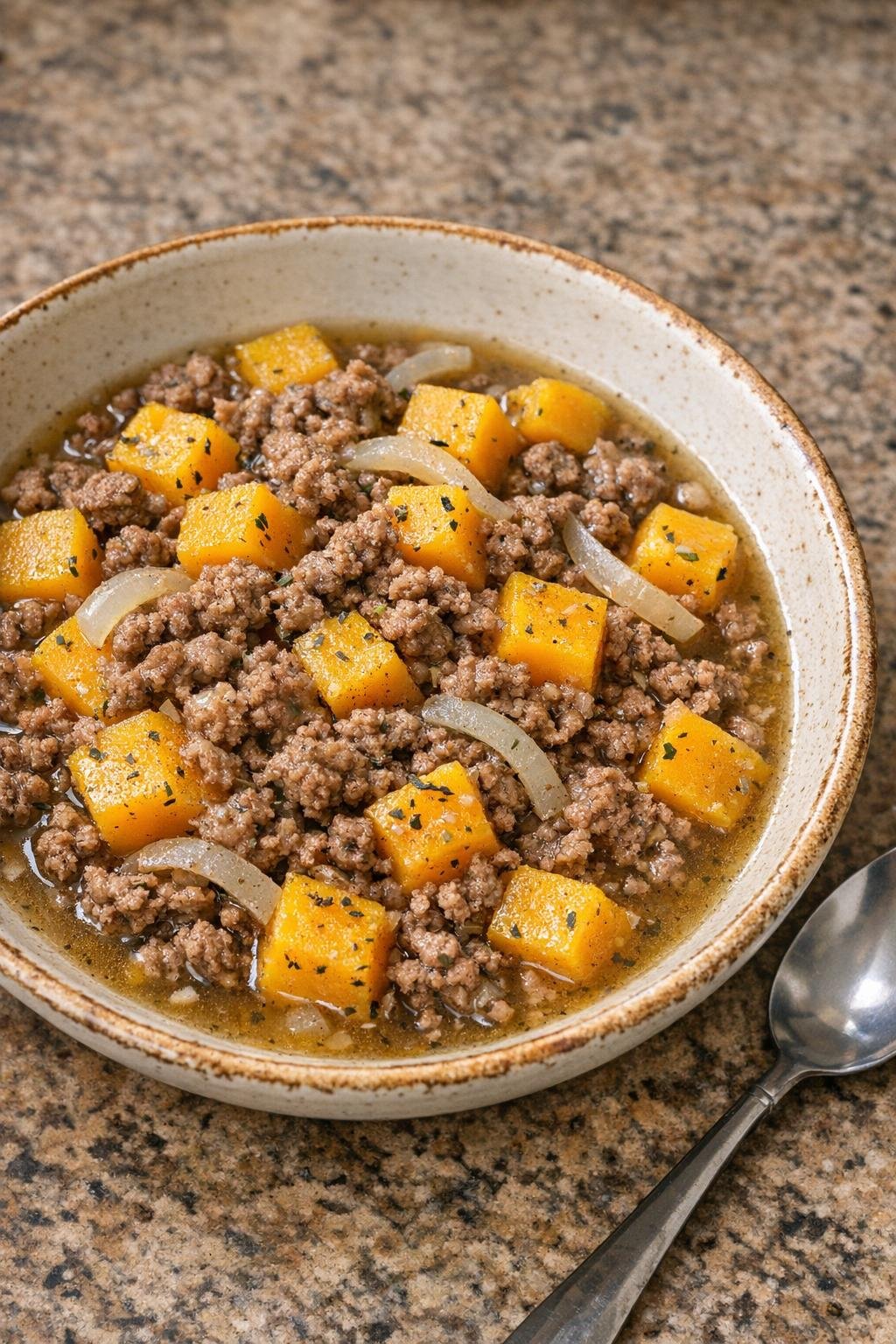 Finished beef and acorn squash slow cooker dish in a bowl
