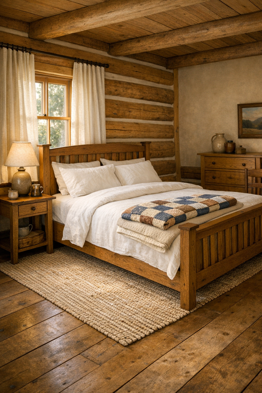 Serene log bedroom with handcrafted wood bed, quilt, and soft neutral textiles