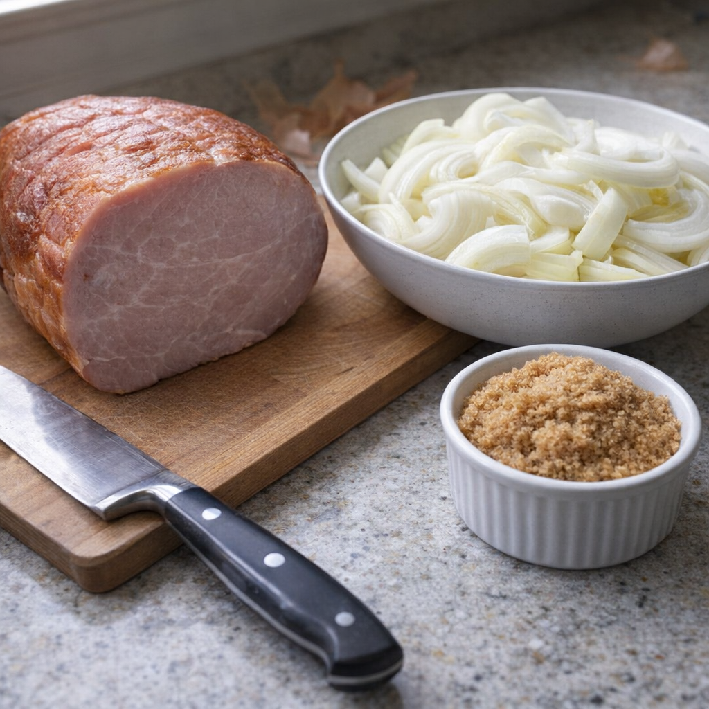 Three ingredient setup with ham onions and brown sugar