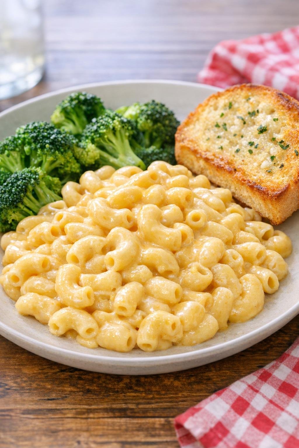 Plated creamy elbow macaroni with simple sides