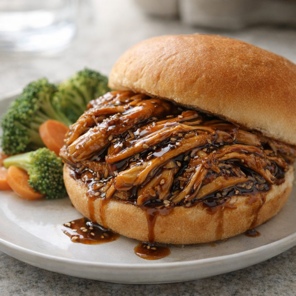 Teriyaki chicken sandwich on a toasted bun with extra sauce