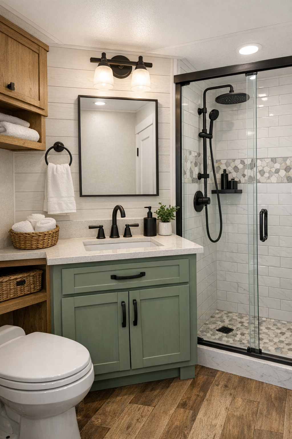 Compact bathroom with a painted vanity, bright tile, and clean craftsman details