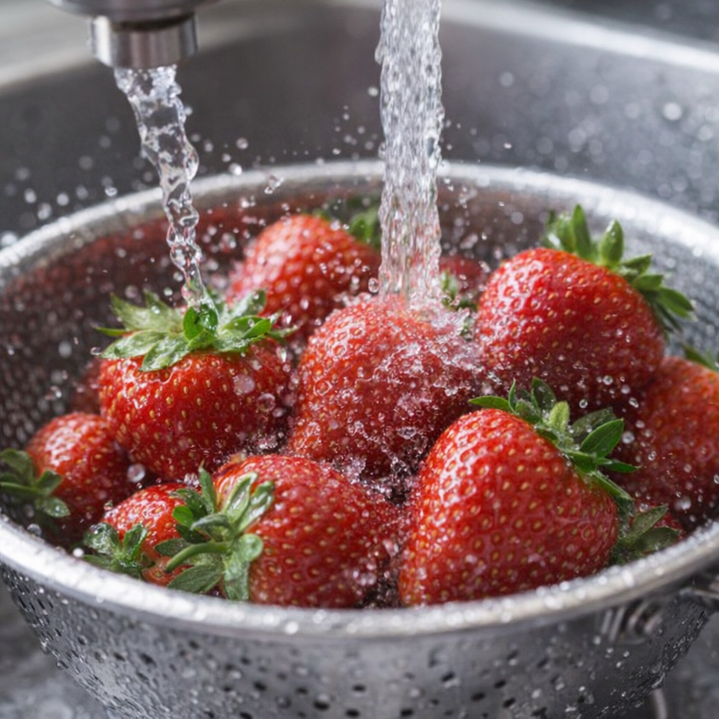 Fresh strawberries in a colander under running water in a home sink