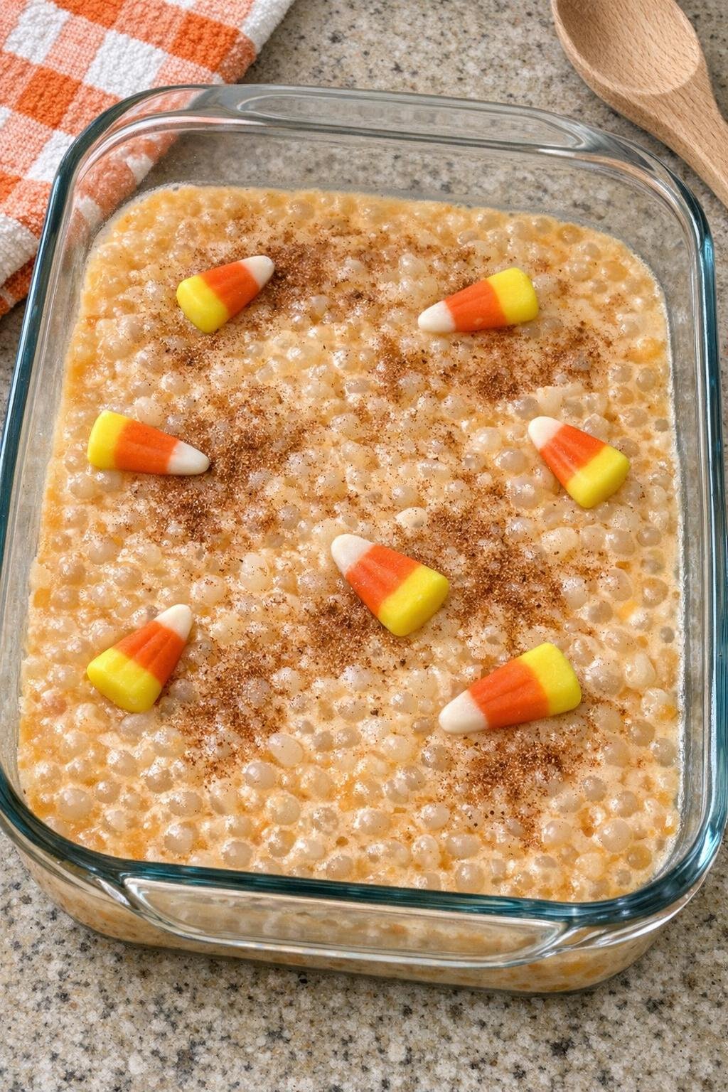 Finished baked tapioca dessert in a glass dish
