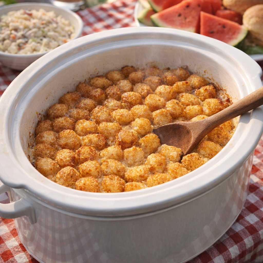 Slow cooker potato bake set out for a backyard Memorial Day meal