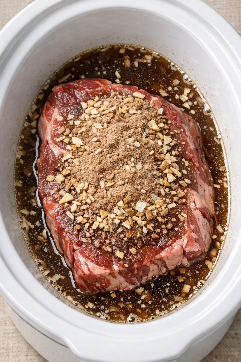 Chuck roast in slow cooker with broth and seasoning