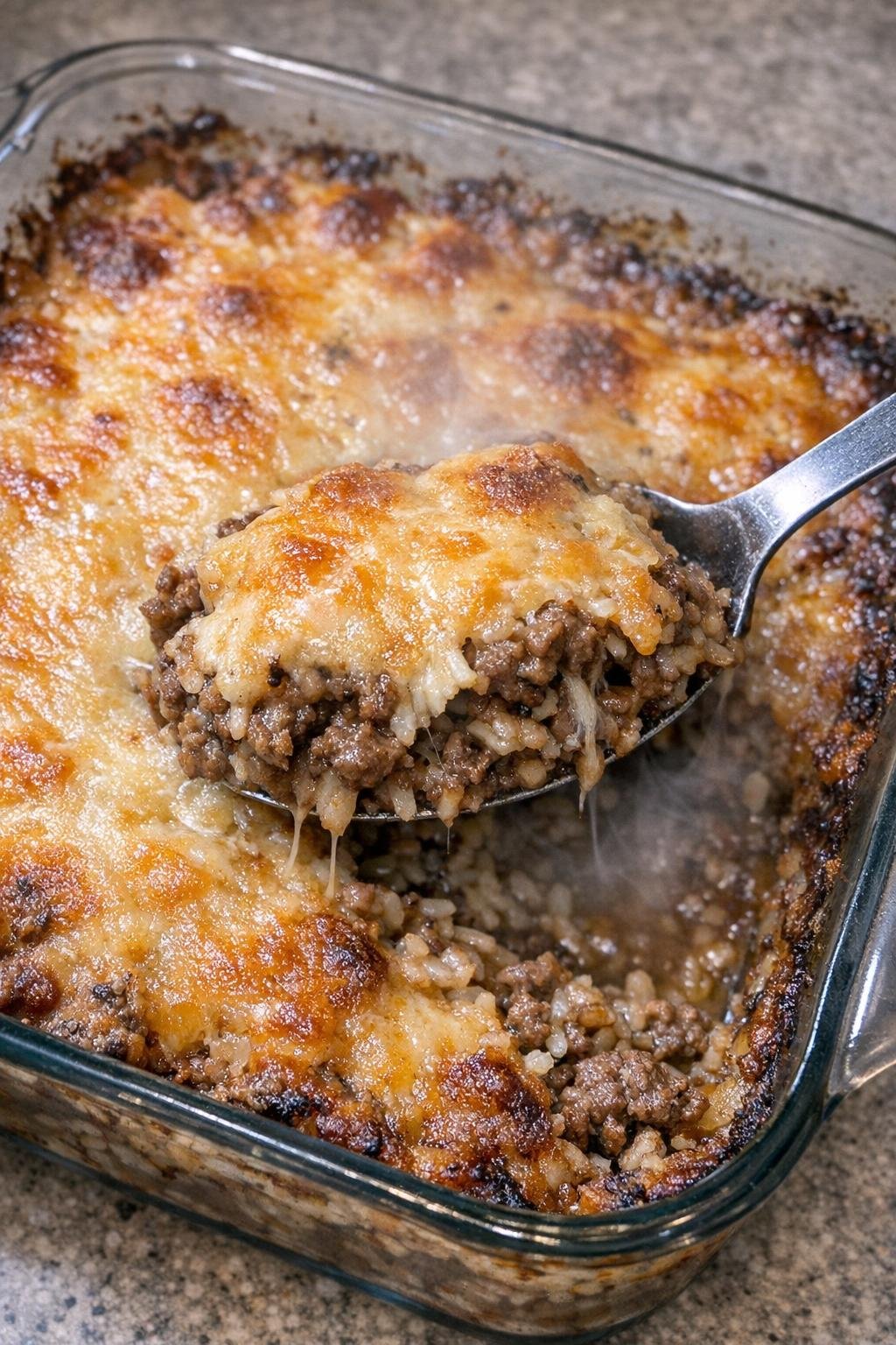 Hearty baked beef casserole with melted cheese