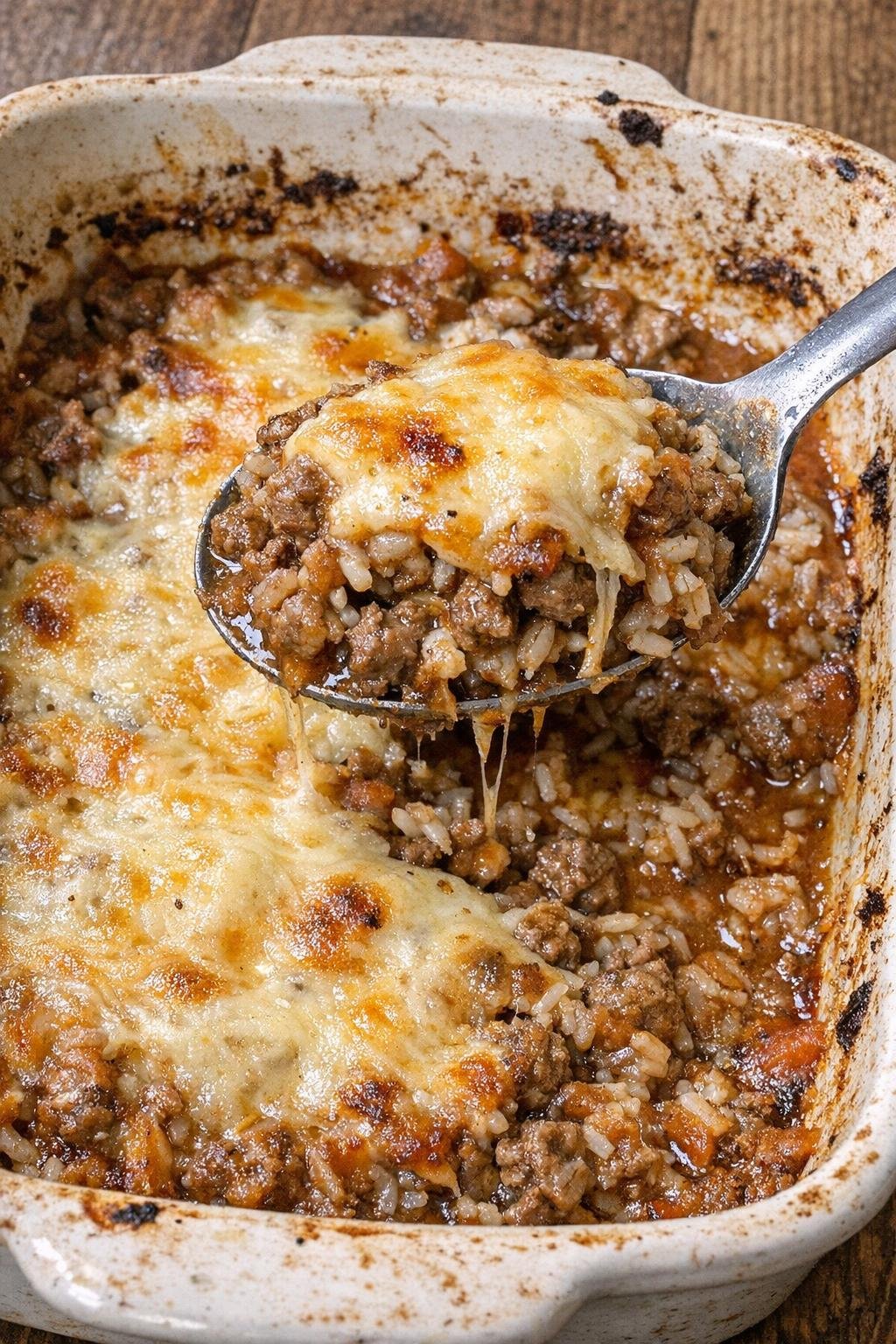 Bubbling hot beef dish in a ceramic baking pan