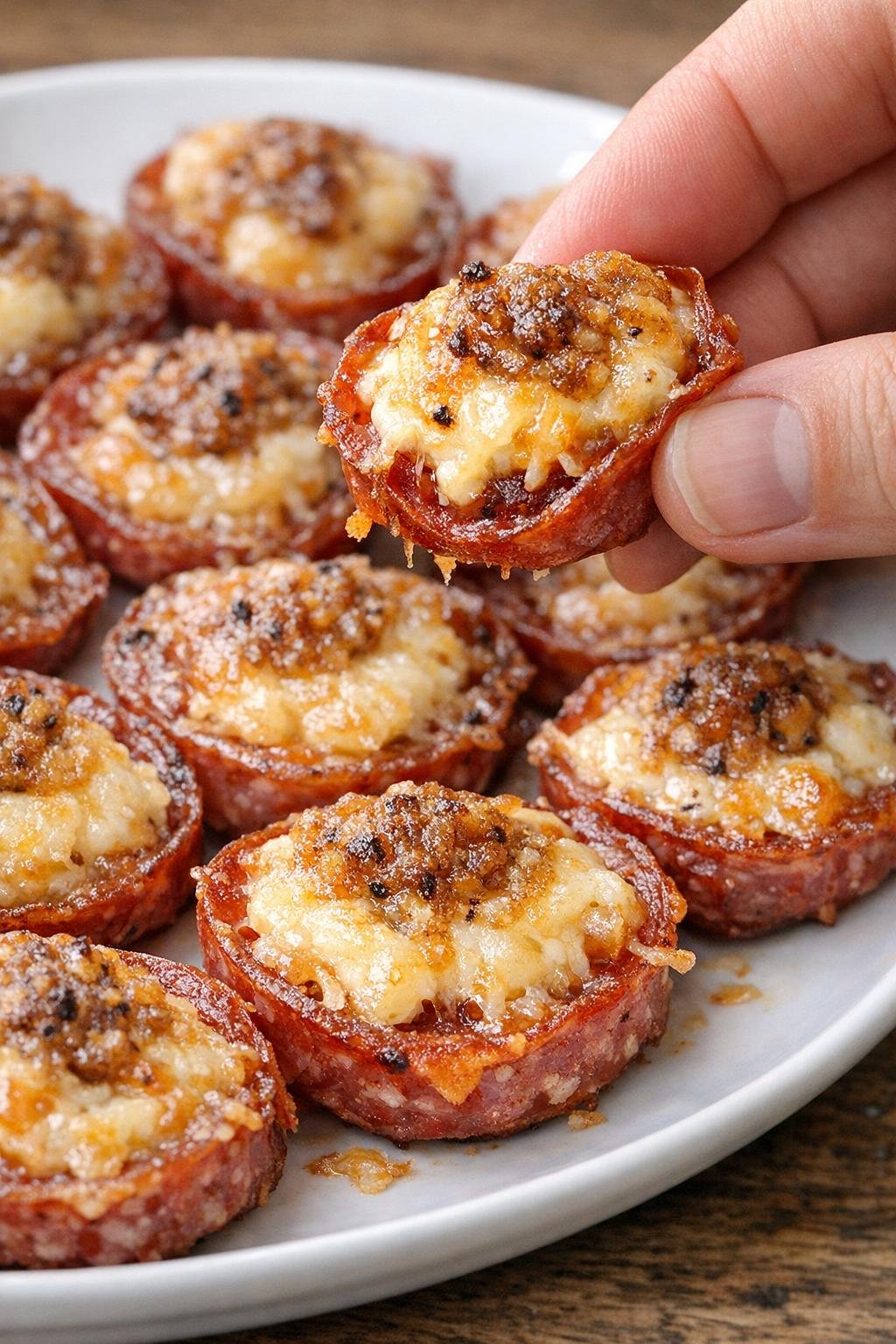 Low carb salami garrison bites on a serving platter