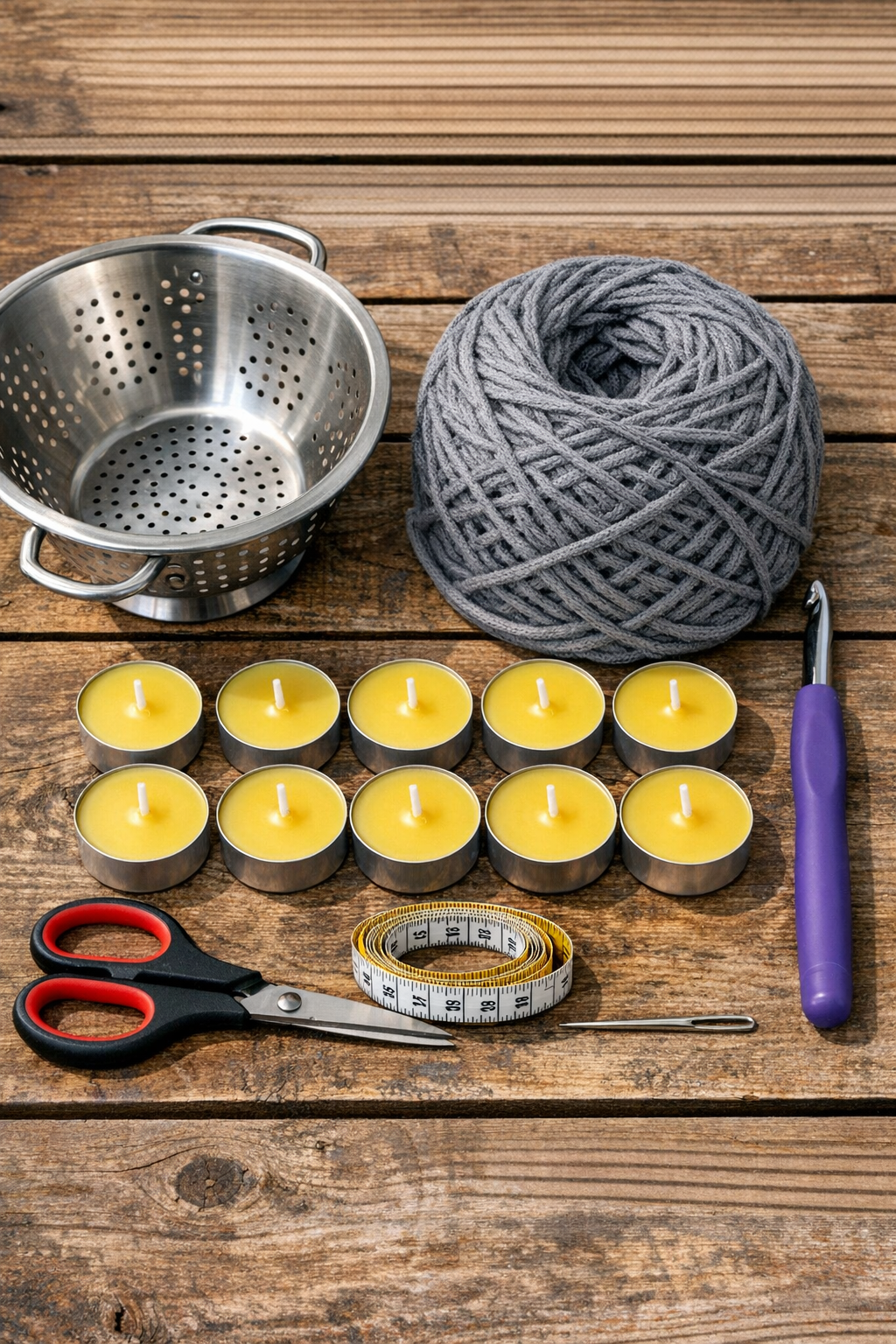 Materials for a crocheted citronella candle holder arranged on a table