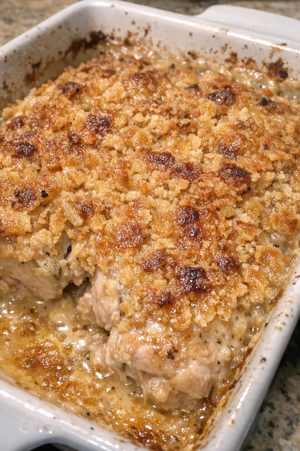 Roasted protein under a bubbly golden crust in a ceramic baking dish