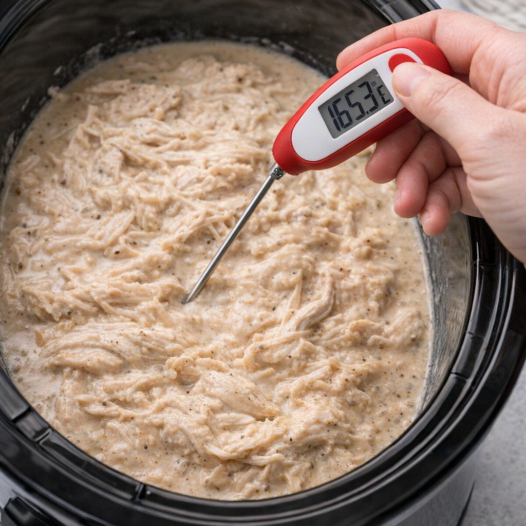 Digital thermometer checking shredded chicken in the slow cooker