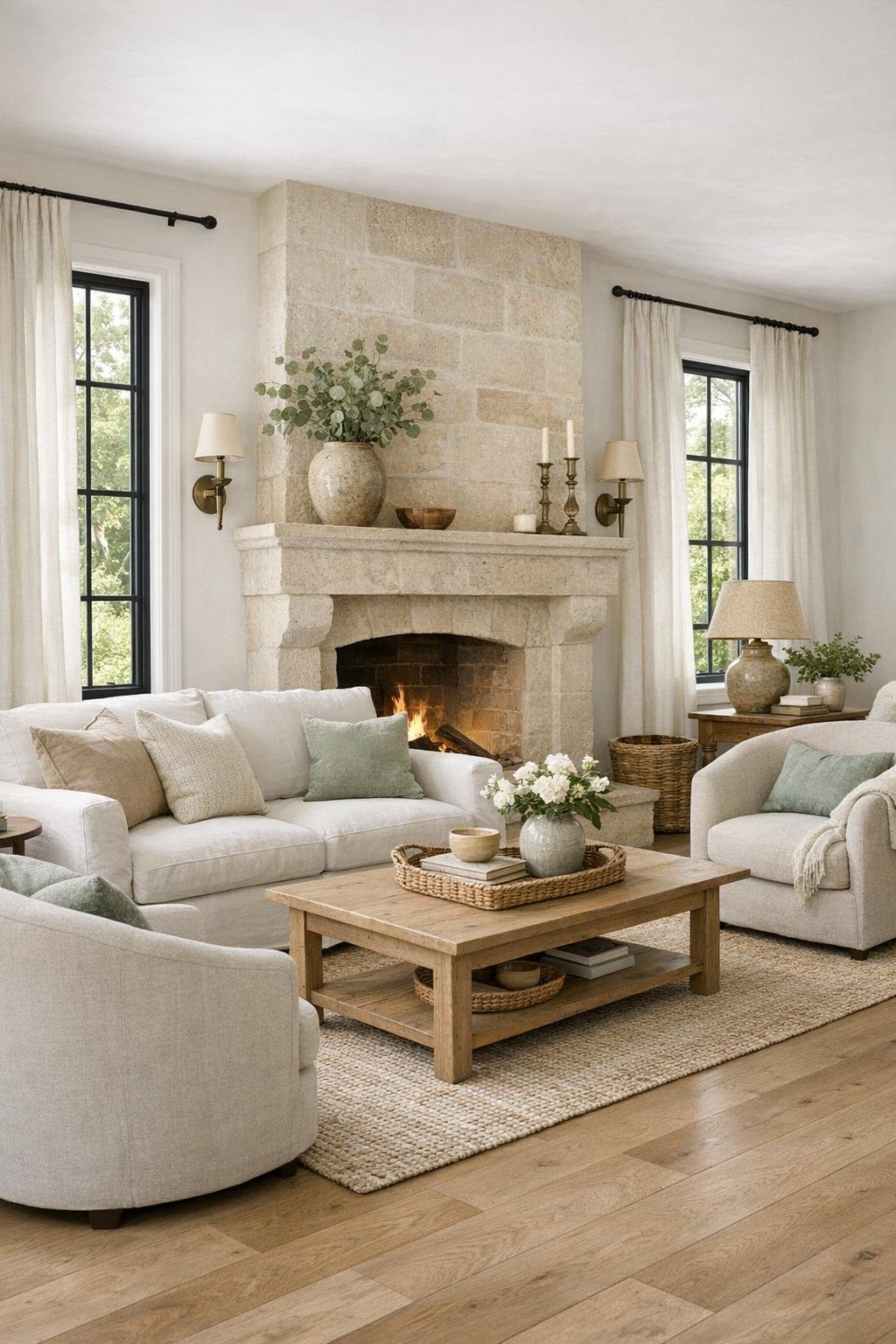 Bright cottage living room with oak floors, limestone fireplace, and soft neutral seating