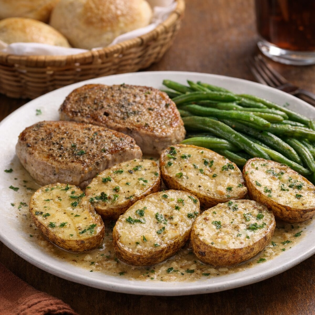 Serving of potatoes with a full farm-style supper plate