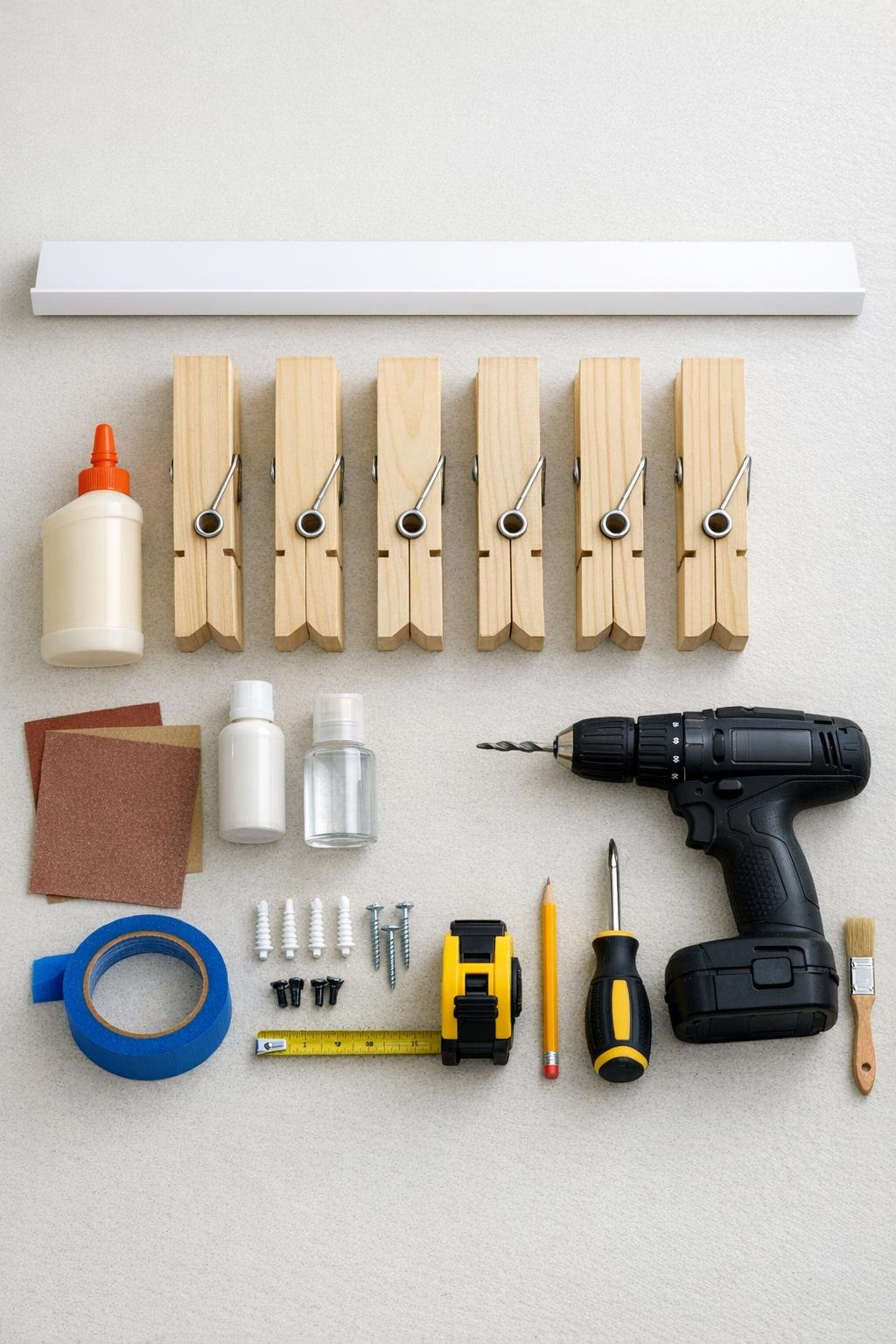 Materials for a floating shelf clothespin hat rack laid out together
