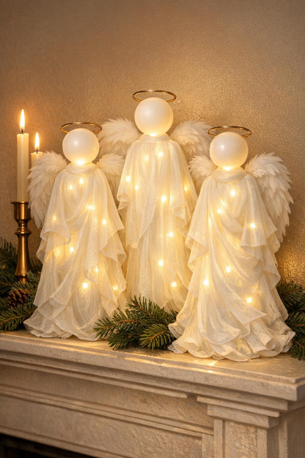 Finished glowing gauze bottle angels displayed on a mantel