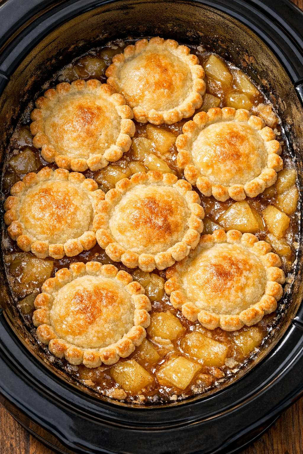 Cooked slow cooker dessert with golden crust