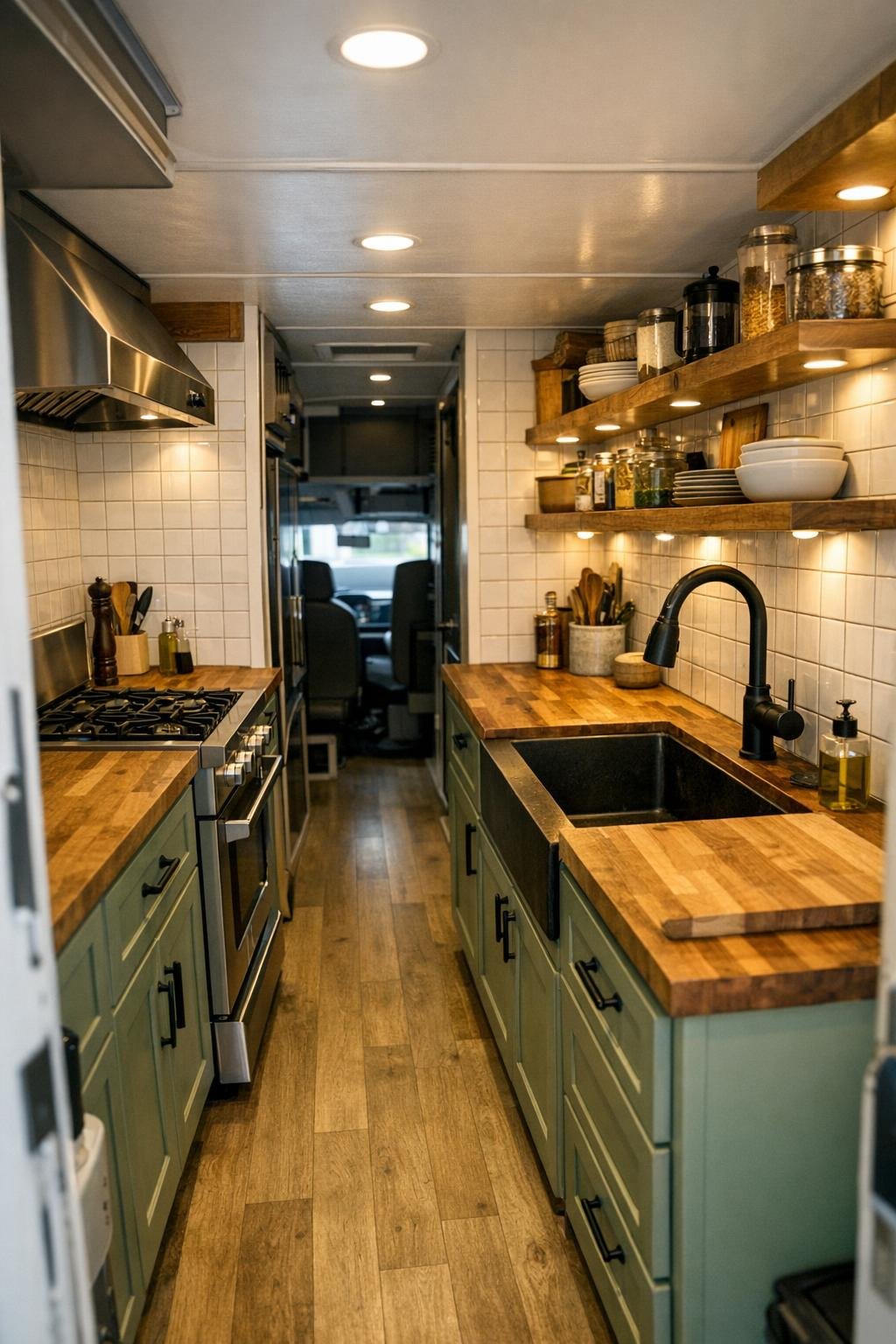 Well-equipped camper kitchen with butcher-block counters and green cabinetry