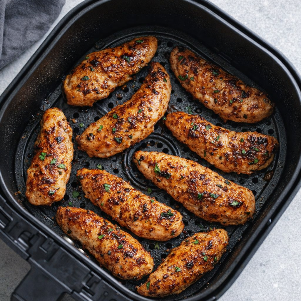 Chicken tenderloins cooking in air fryer basket