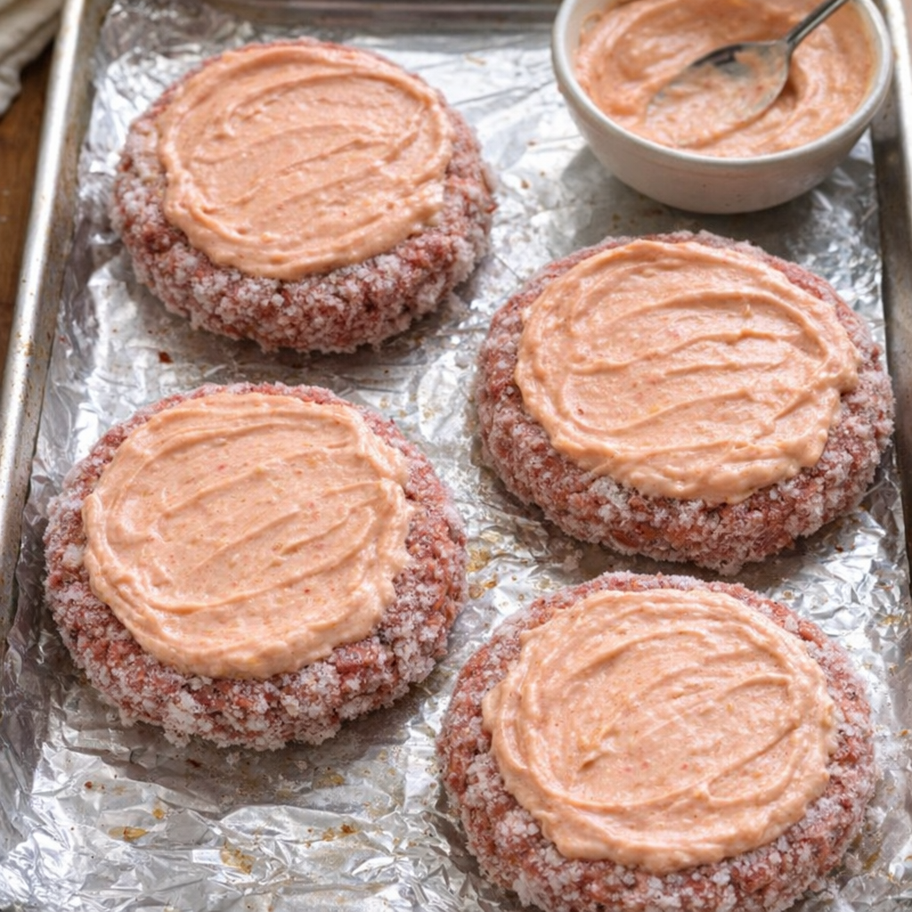 Sheet pan with sauced frozen beef patties ready for the oven