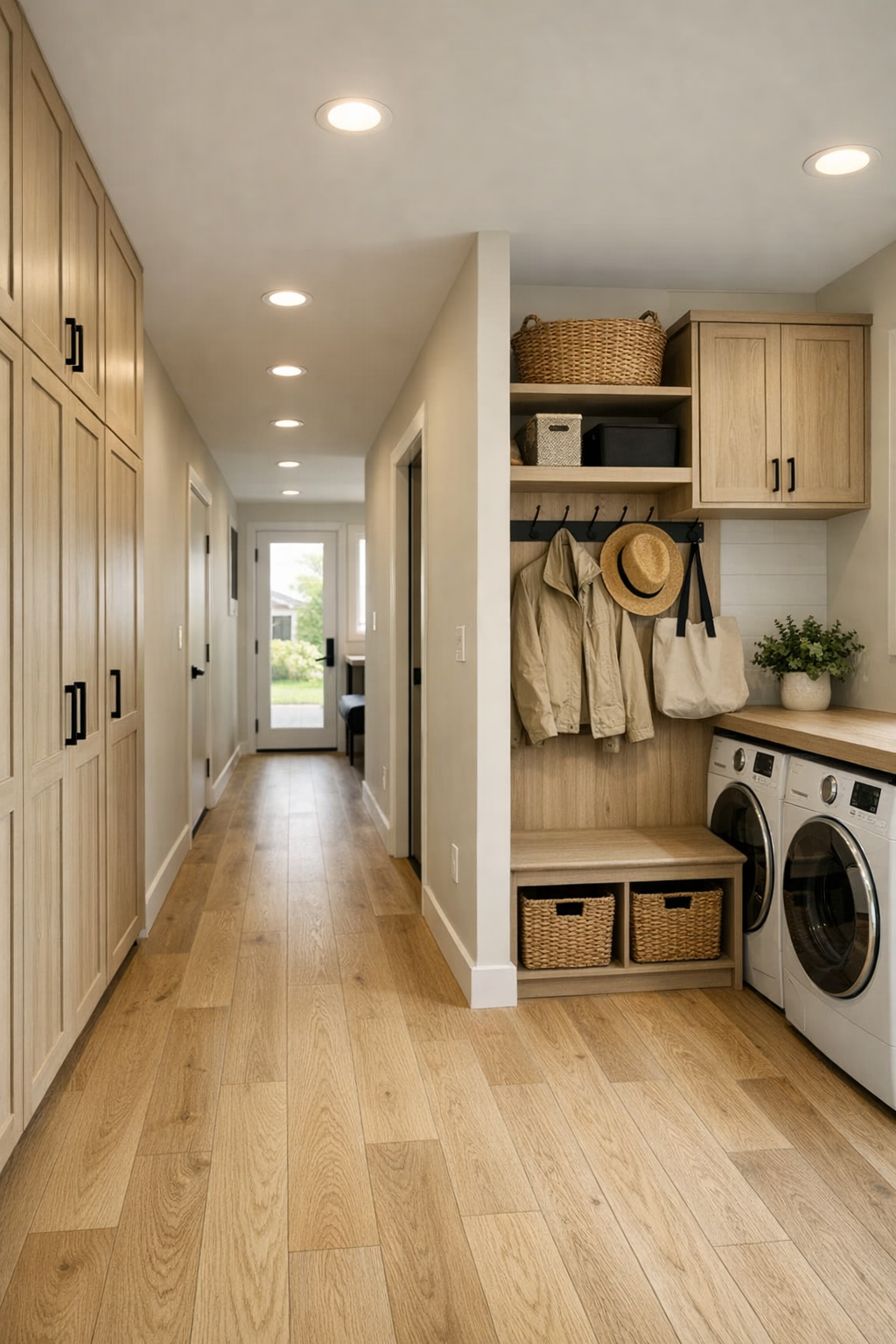 Functional secondary space with built-in storage, laundry area, and cohesive warm finishes