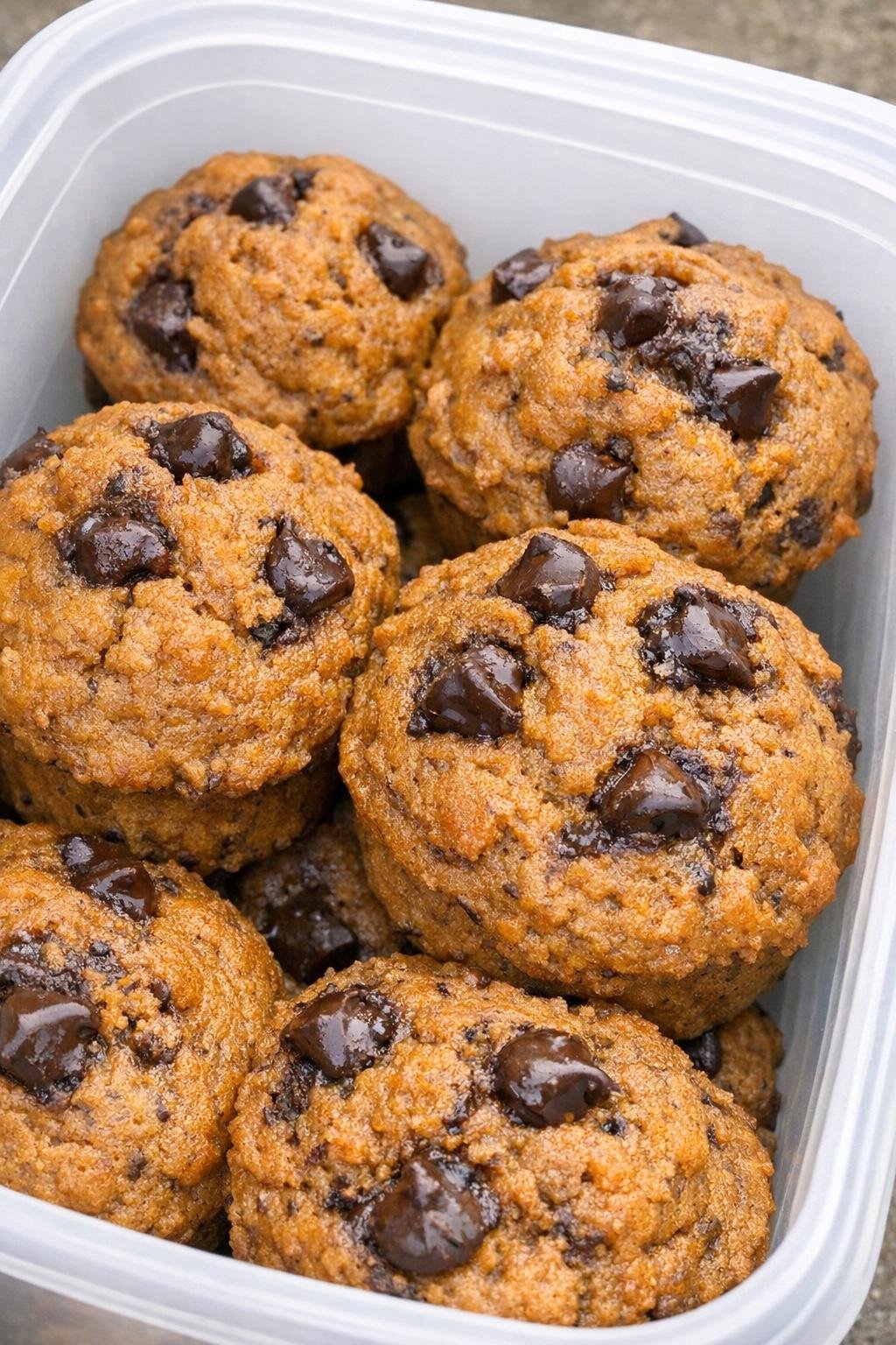 3-ingredient pumpkin spice muffins in a white plastic container