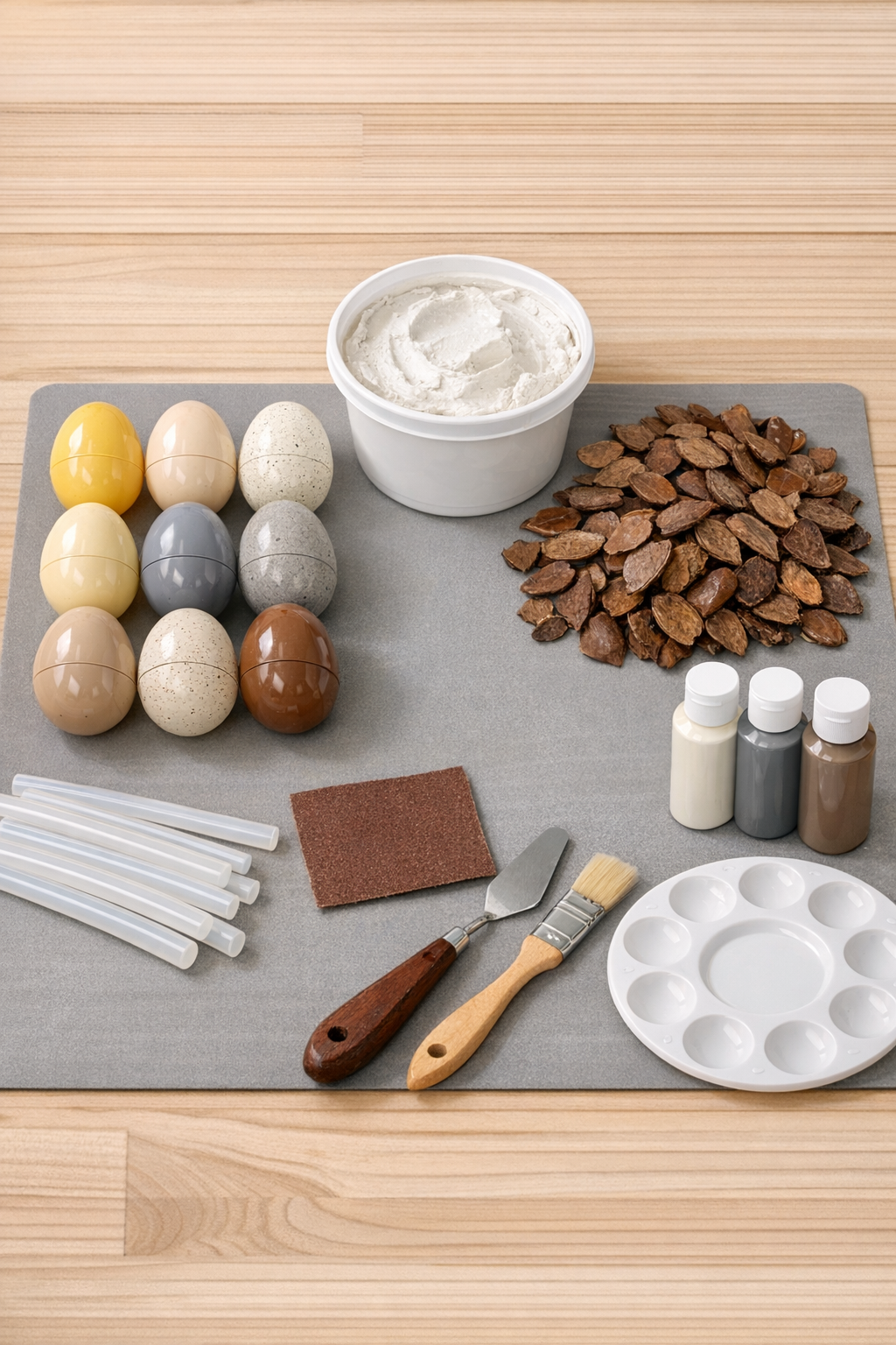 Materials for faux-stone decorative fall acorns laid out on a table