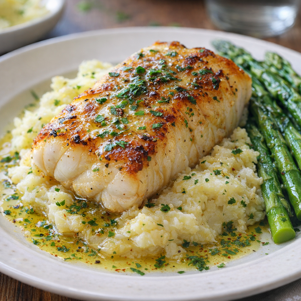 Cod plated with mashed potatoes and vegetables