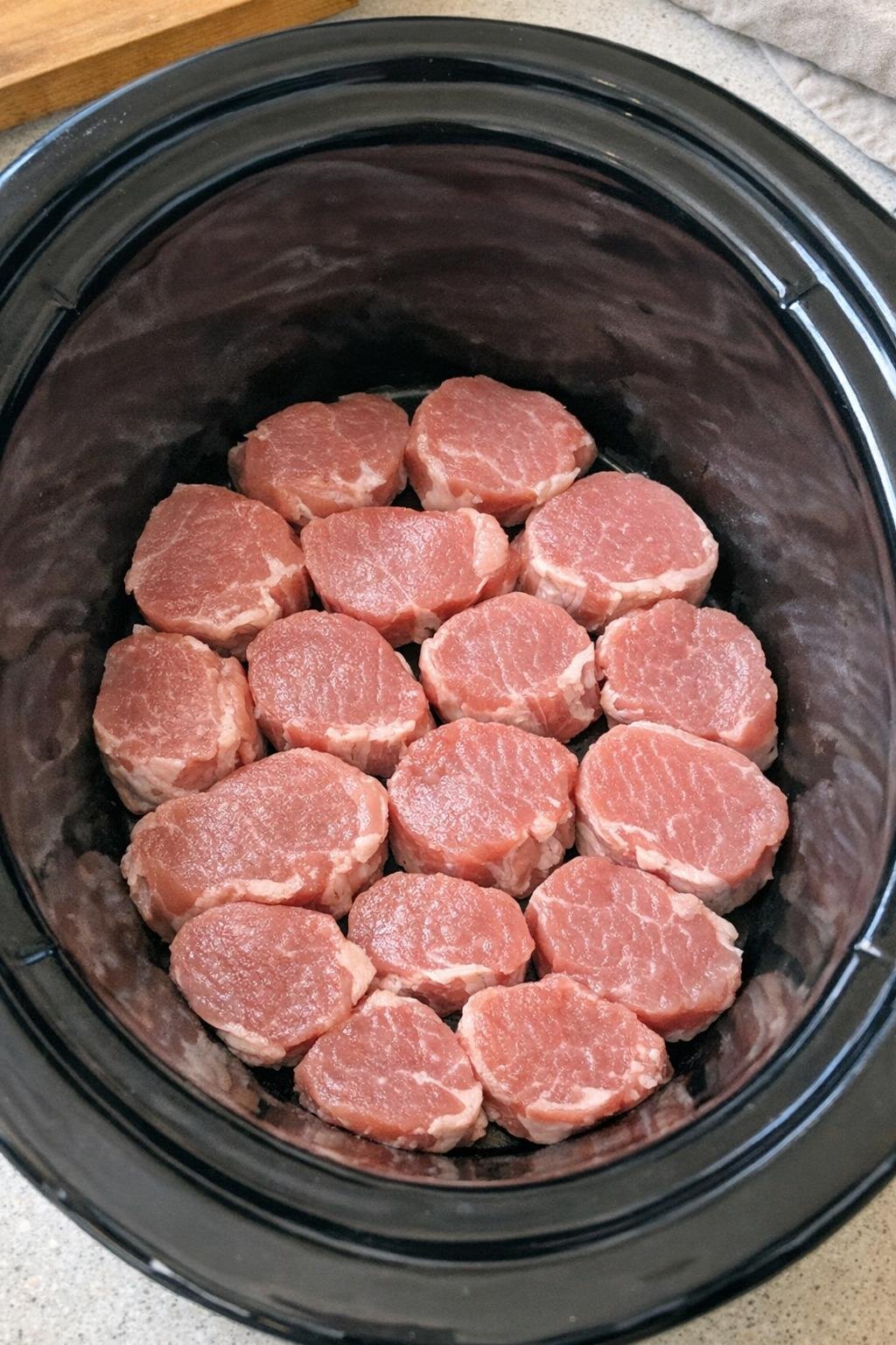 Rauwe varkensmedaillons gerangschikt in de slowcooker