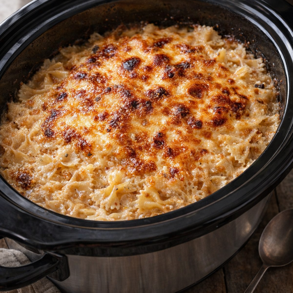 Slow cooker farfalle with a golden cheesy top